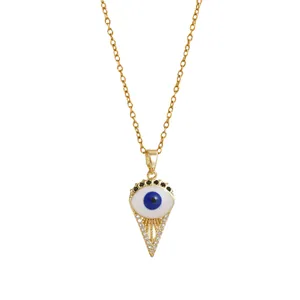 Golden stainless steel Evil Eye necklace with blue eye pendant and crystal stones