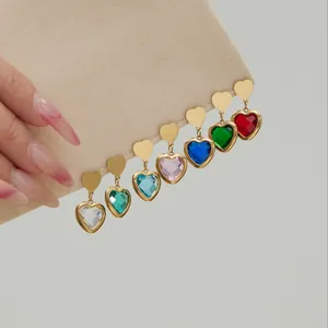 French Vintage Stainless Steel Heart Jewelry Necklace Earrings Collection Colorful Zirconia Glass Stone Pave Rhinestone Accessory For Women