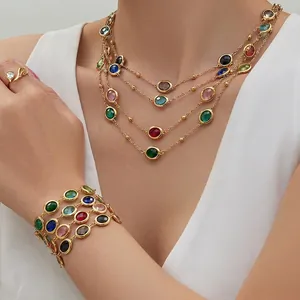 Stainless Steel Colored Glass Stone Jewelry Set For Women 18K Gold Plated Oval Pendant Necklace Bracelet Stud Earrings Fashion Accessories