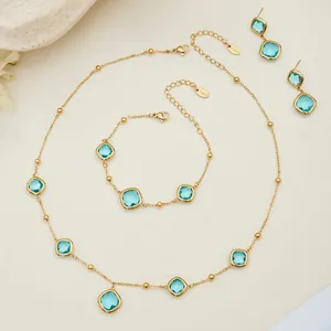 Elegant gold stainless steel jewelry set with square blue glass stone necklace and earrings