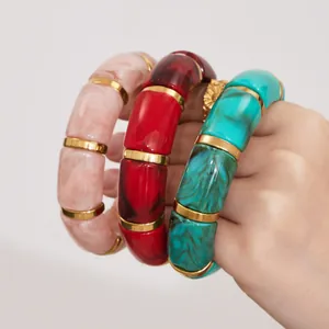 Retro resin stretch bracelet set with wide marble pattern beads and gold metal spacers