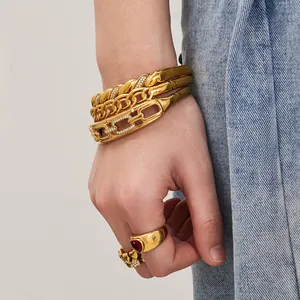 Gold-plated stainless steel geometric bracelets set with rhinestones and heart ring