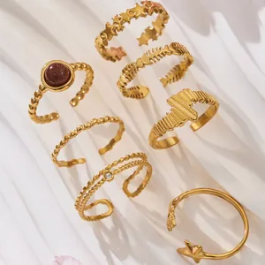 French vintage 18K gold plated stainless steel ring set with stars and gemstones