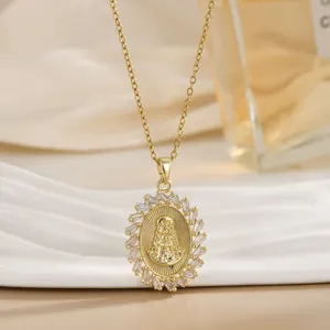 Religiöse Jungfrau Maria Anhänger Halskette Kupfer Zirkonia Eingelegt Vergoldet Oval Medaillon Schlüsselbein Kette Schmuck Damen