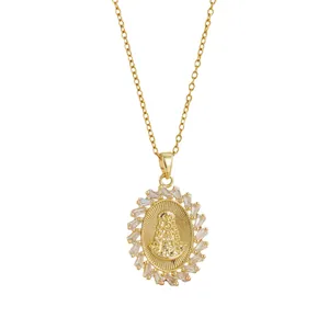 Goldene Jungfrau Maria Kette mit Zirkonia-Anhänger auf minimalistischer Stahlkette
