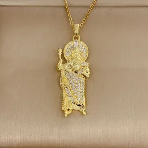 Gold-plated Saint Jude necklace with micro-pave cubic zirconia on a textured base