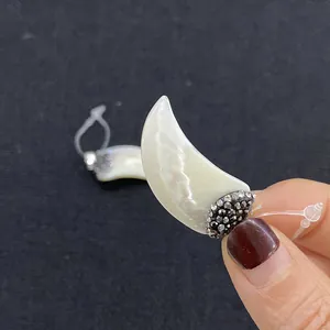 Iriserende hoornvormige schelphanger met donkere kristallen kap voor sieraden maken