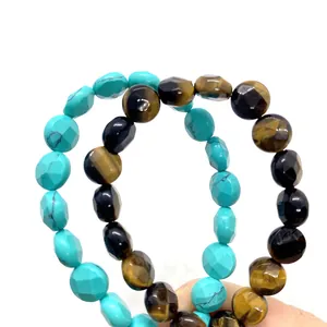 Bracelets en pierre naturelle facettée avec perles turquoise, oeil de tigre et agate