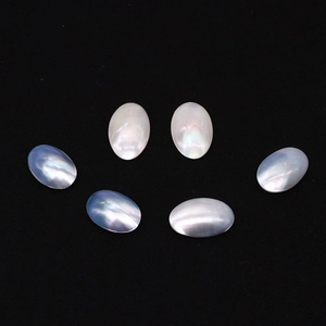 Set of 6 oval natural white and blue mother of pearl shell cabochons with rainbow luster