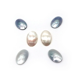 Oval natural mother of pearl shell cabochons in blue, white, and silver grey tones