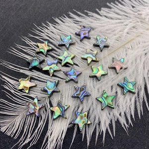 Macro detail of natural abalone shell star-shaped beads on soft white feathers