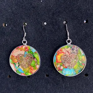Detailed close-up of S925 silver ear hooks with colorful stone heart-shaped round charms