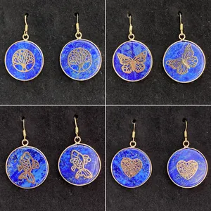 Bohemian Natural Lapis Lazuli Round Dangle Earrings For Women Gold Plated Alloy Hollow Mandala Bee Starfish Greek Key Pattern Jewelry Gift