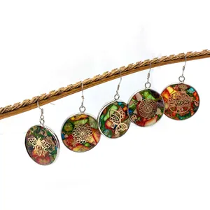Handmade boho round natural stone earrings featuring gold bee and tree of life charms
