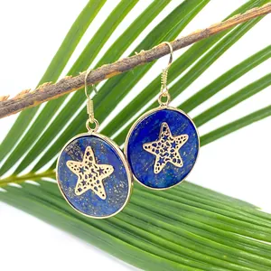 Lapis lazuli round earrings with gold starfish charms and bohemian blue stone details