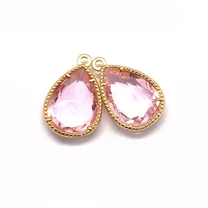 Faceted pink teardrop crystal pendant with gold beaded bezel and top bail for DIY jewelry