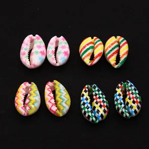 Natural printed conch shells in colorful checkered and floral patterns for DIY jewelry making