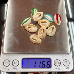 Close-up of 11.66g printed natural cowrie shell beads on scale for jewelry making