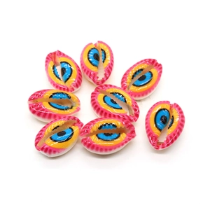 Natural conch shell beads with pink stripes and blue evil eye patterns for DIY jewelry