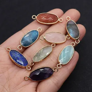 Conectores ovalados de piedras preciosas facetadas con bordes dorados para joyas DIY