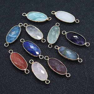 Conectores de piedra natural ovalada facetada con bordes dorados para joyería DIY