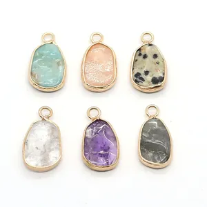Irregular Natural Stone Pendants With Gold Plated Alloy Wrapped Edge For DIY Jewelry Making Amethyst Rose Quartz Amazonite