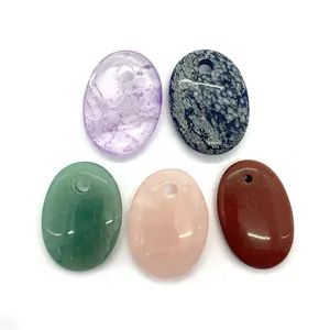 Natural Stone Oval Pendant Green Aventurine Amethyst Rose Quartz Polished Charm For DIY Jewelry Making Elegant Women Gift