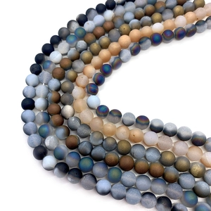 Frosted natural agate round beads with metallic plating for DIY jewelry making