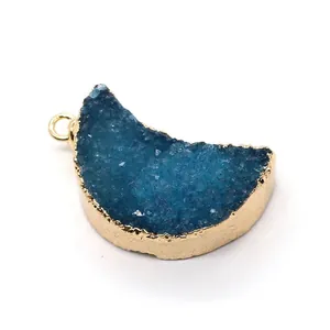 Pendentif demi-lune en cristal druzy bleu avec bordure dorée pour bijoux DIY