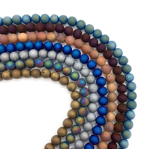 Strands of 6mm-10mm druzy agate beads in blue, purple, and metallic tones for DIY jewelry