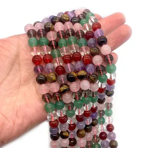 Polished 8-10mm mixed natural gemstone beads featuring tiger eye and quartz for DIY jewelry