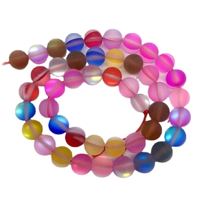 Strands of frosted synthetic moonstone beads in colorful aurora gradients for DIY jewelry
