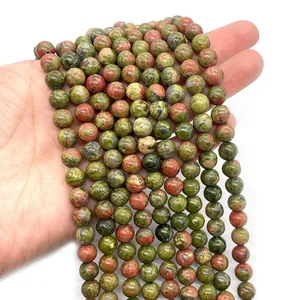 Natural Unakite round beads in forest green and brick red for DIY jewelry making