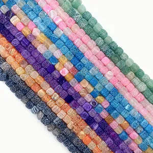 Mixed color 8mm square weathered agate beads with dragon vein texture for DIY jewelry