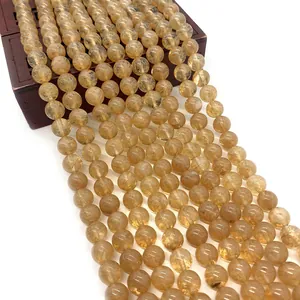 Natural Stone Round Loose Beads Yellow Watermelon Golden Rutilated Quartz Style Beads For DIY Jewelry Making Necklace