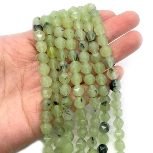 Natural green prehnite faceted beads for DIY necklace jewelry making with black inclusions