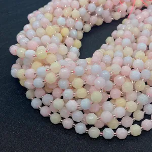 Macro detail of faceted natural morganite beads in macaron colors for DIY jewelry