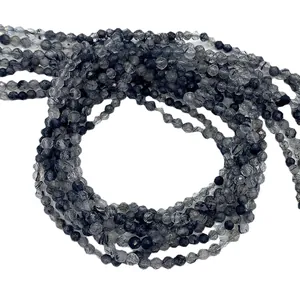 Perline rotonde sfaccettate in quarzo rutilato nero naturale per gioielli