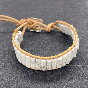 Handmade woven leather bracelet with white marble turquoise cylinder beads and metal clasp