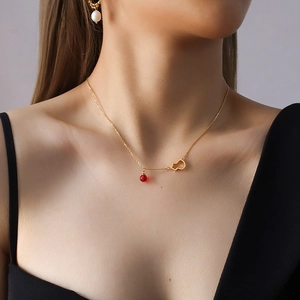 Neo-Chinese Style Stainless Steel Agate Gourd Auspicious Cloud Pendant Necklace Vintage Electroplated Jewelry For Women
