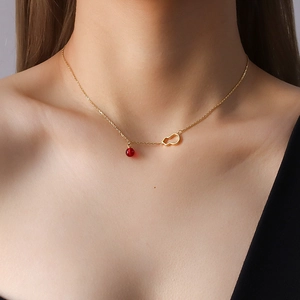 New Chinese style hollow gourd pendant necklace with red agate bead and gold titanium steel