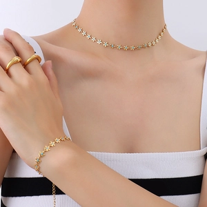 Daisy Flower Necklace And Bracelet 18K Gold Plated Titanium Steel Blue Enamel Delicate Fashion Accessories For Women