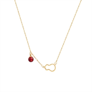 Minimalist Chinese style hollow gourd pendant necklace with red agate bead in gold finish