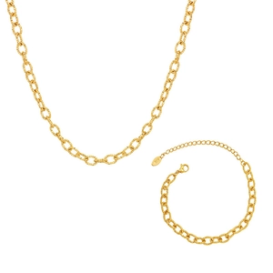 Polished 18K gold plated stainless steel chunky oval link necklace and bracelet set