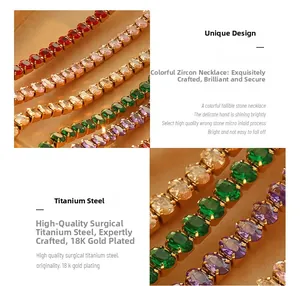 Detail of 18K gold plated titanium steel necklace with colorful micro-inlaid zircon stones