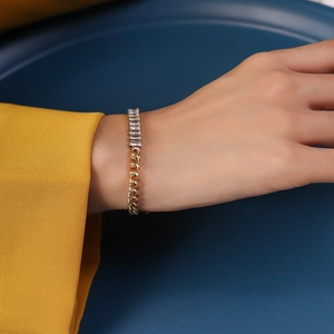 18k gold plated stainless steel Cuban link bracelet with sparkling rectangle zirconia stones