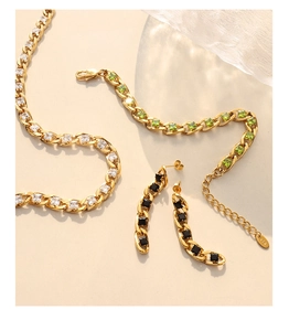 Close-up of K18 engraved gold jewelry set featuring luxury square zircon pendants