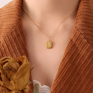Rose Blume Geprägte Quadratische Platte Anhänger Halskette Titanstahl 18K Vergoldet Vintage Französischer Stil Schmuck Damen