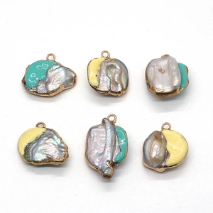 Baroque pearl pendants with gold plating and enamel inlay in diverse irregular shapes