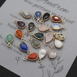 Detailed view of faceted teardrop gemstone pendants with gold edges and metal loops